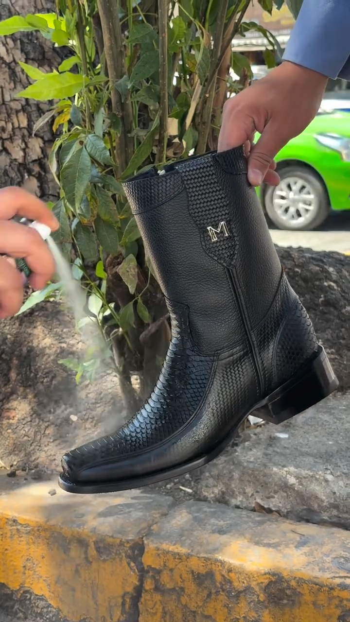 Black scale leather boots
