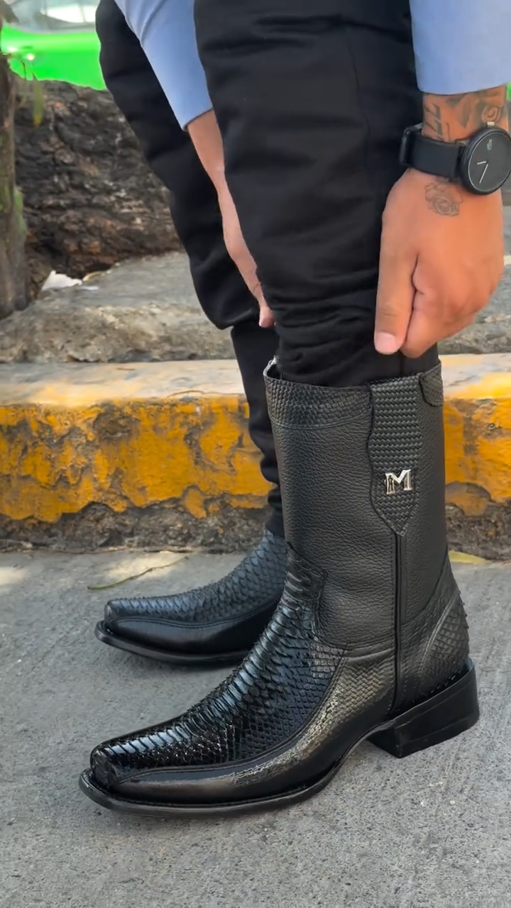 Black scale leather boots