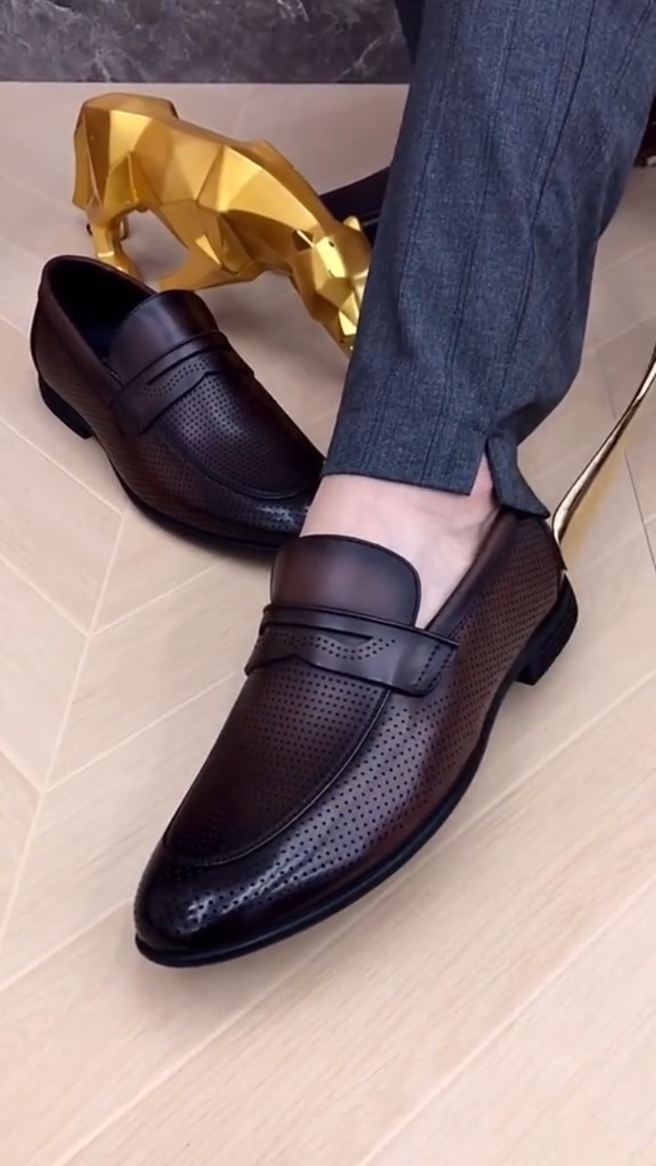 Summer Dark Brown Perforated Casual Leather Shoes