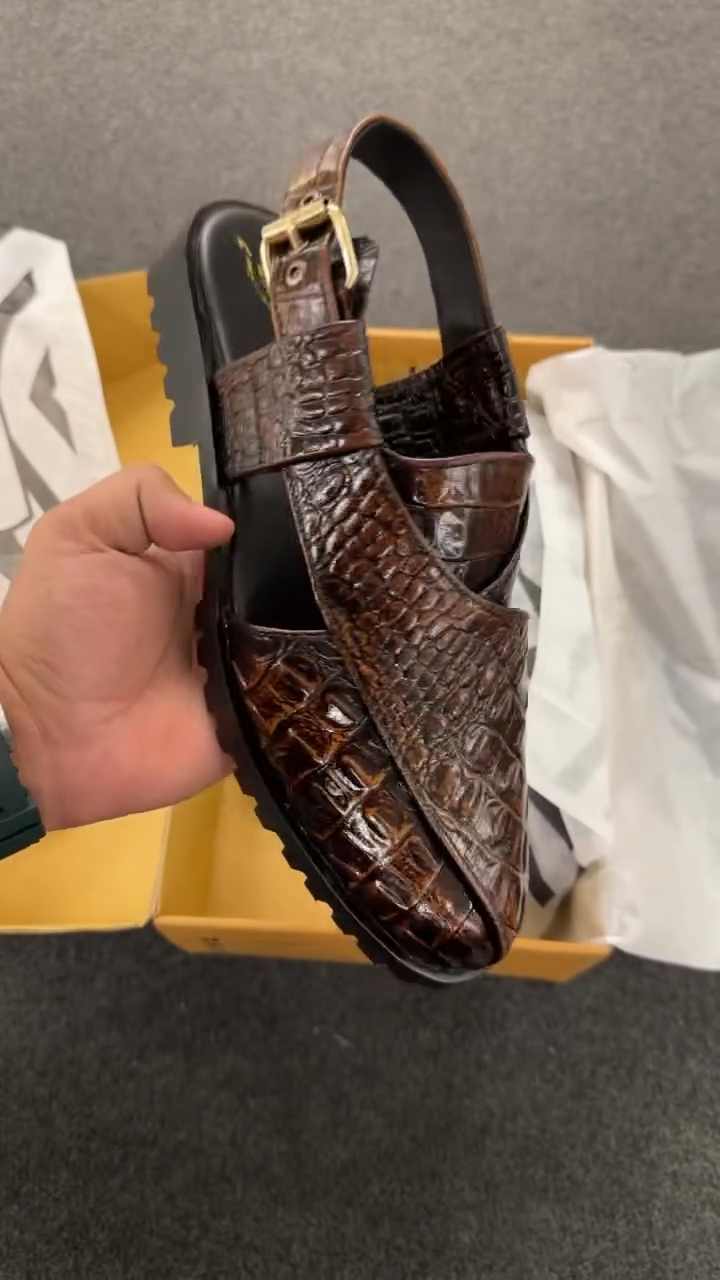 Two-Tone Croc-Embossed Peshawari Sandals-Brown
