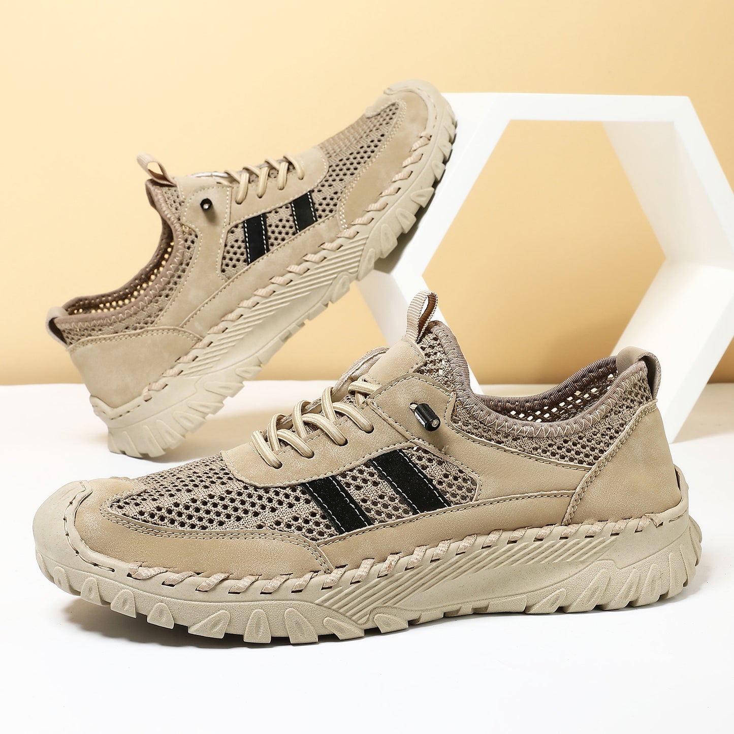 Summer Men's Stitched Cowhide Mesh Shoes