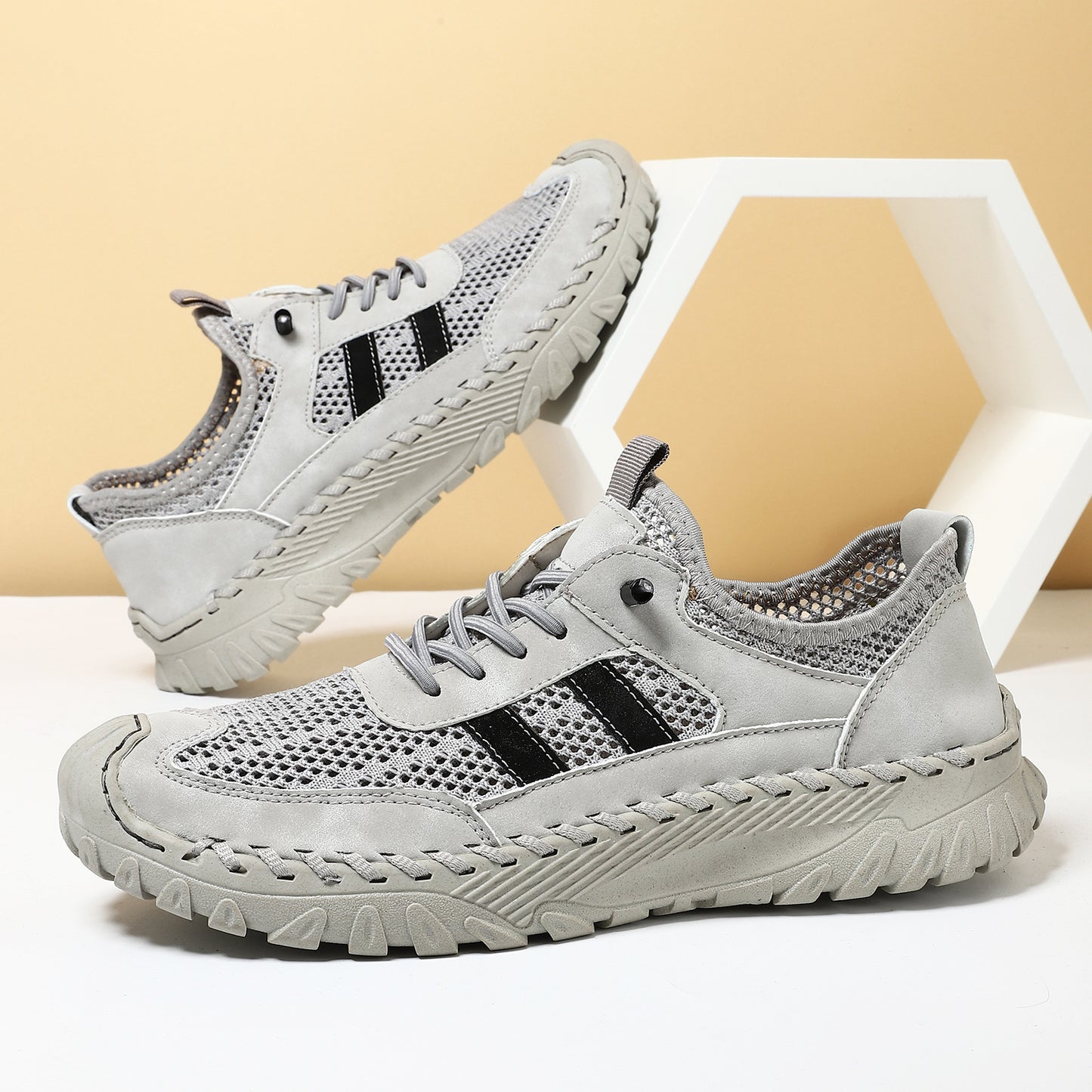 Summer Men's Stitched Cowhide Mesh Shoes