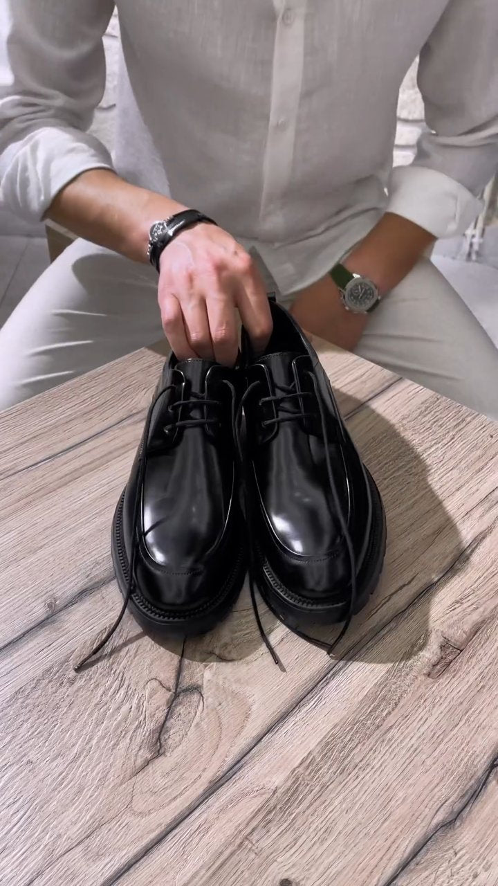 2024 Fall Men's Shiny Cowhide Lace-Up Business Shoes