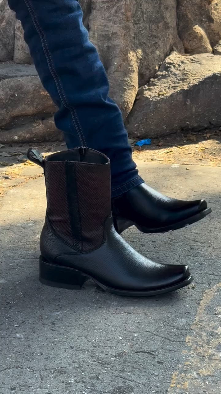 Simple Black Mid Calf Leather Boots