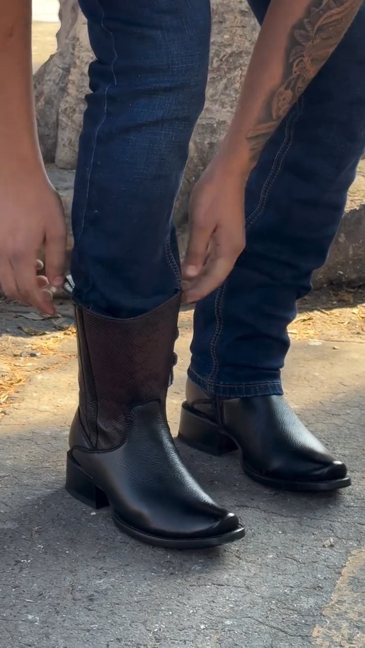 Simple Black Mid Calf Leather Boots