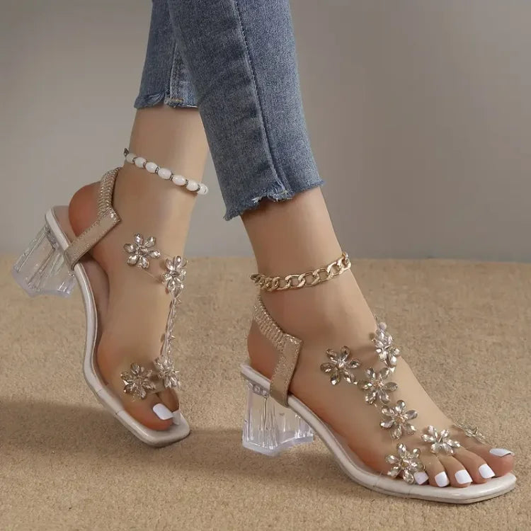 Women's Flower Rhinestone Block Heel Sandals