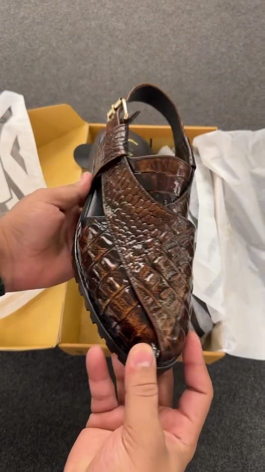Two-Tone Croc-Embossed Peshawari Sandals-Brown