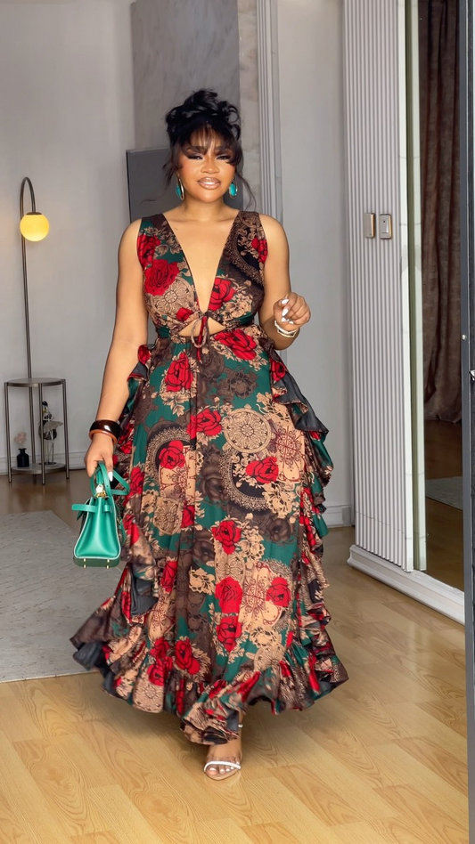 V-neck Printed Tie Dress
