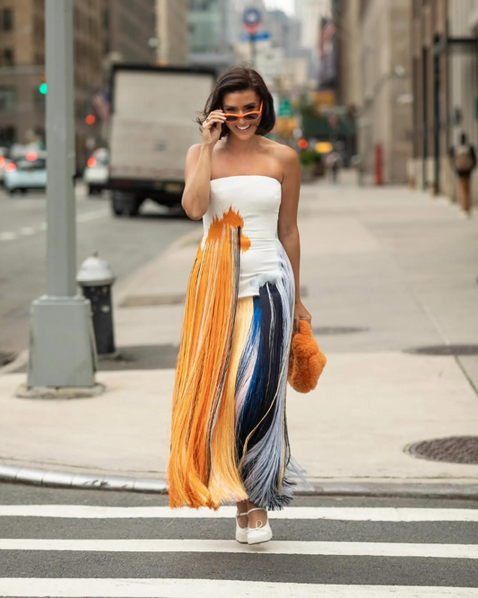 Women's Fringed Crepe Strapless Midi Dress