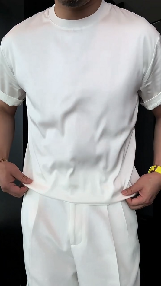 Men's Semi-High Low Neck Solid Color Light Luxury Short Sleeve