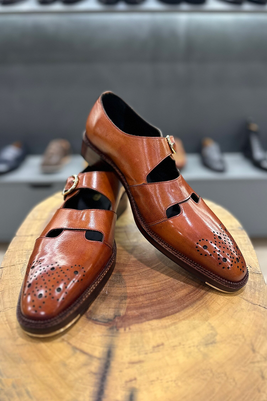 Brown Mirror Glossed Patina Medallion Sandals