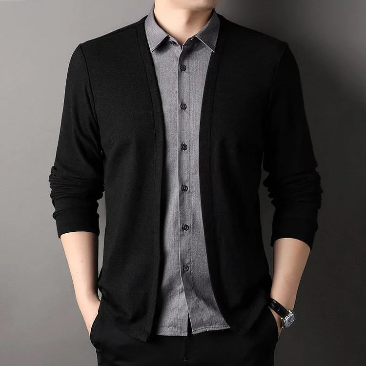 Men's fake two-piece shirt collar knitted cardigan!