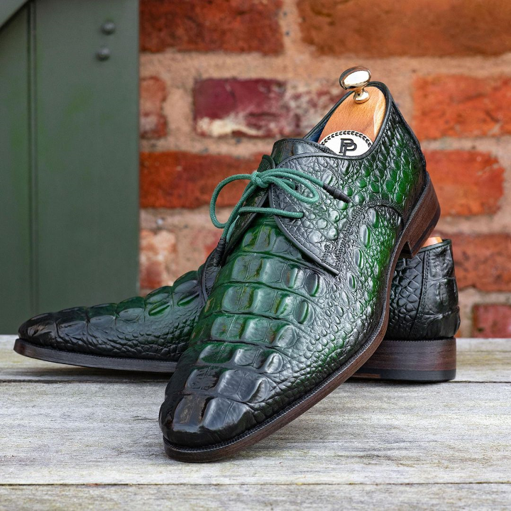 Men’s Green Croco Textured Leather Derby Shoes