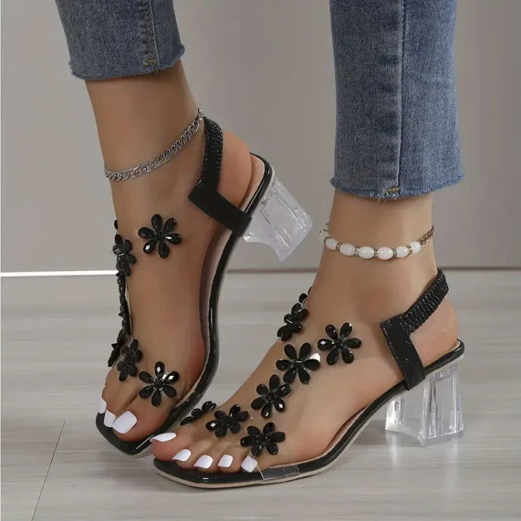 Women's Flower Rhinestone Block Heel Sandals