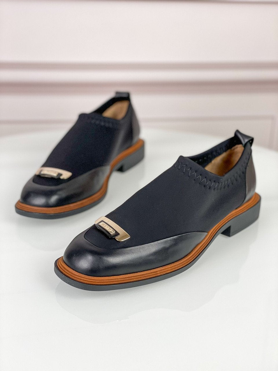 Black Stretch Leather Shoes in Aquamarine