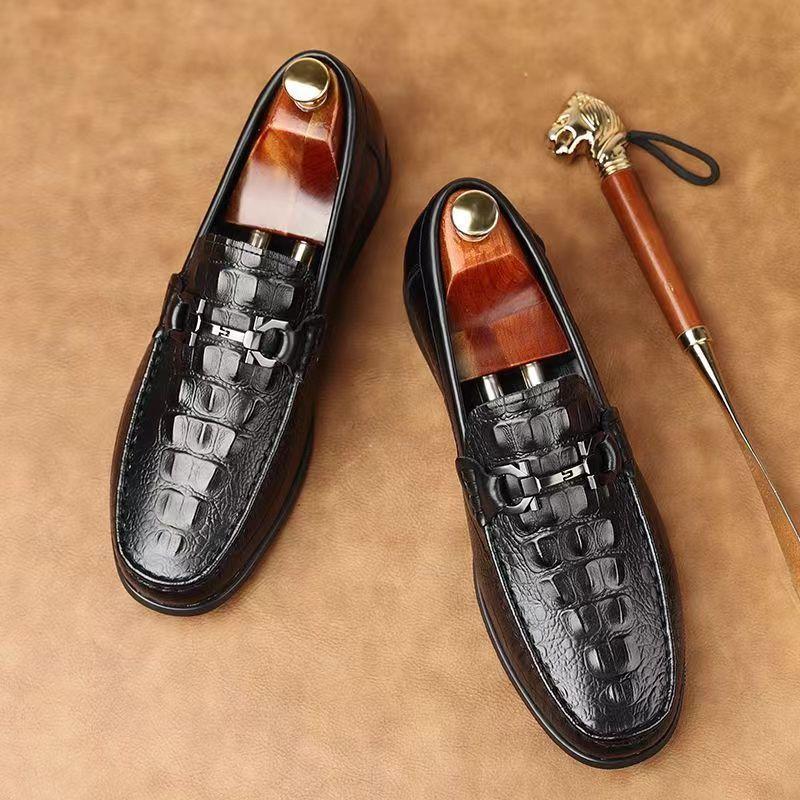 Men's Low Heel Crocodile Embossed Casual Leather Shoes