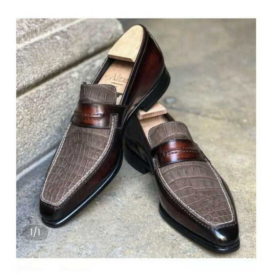 Handmade Men's leather formal Crocodile Texture Slip on leather shoes