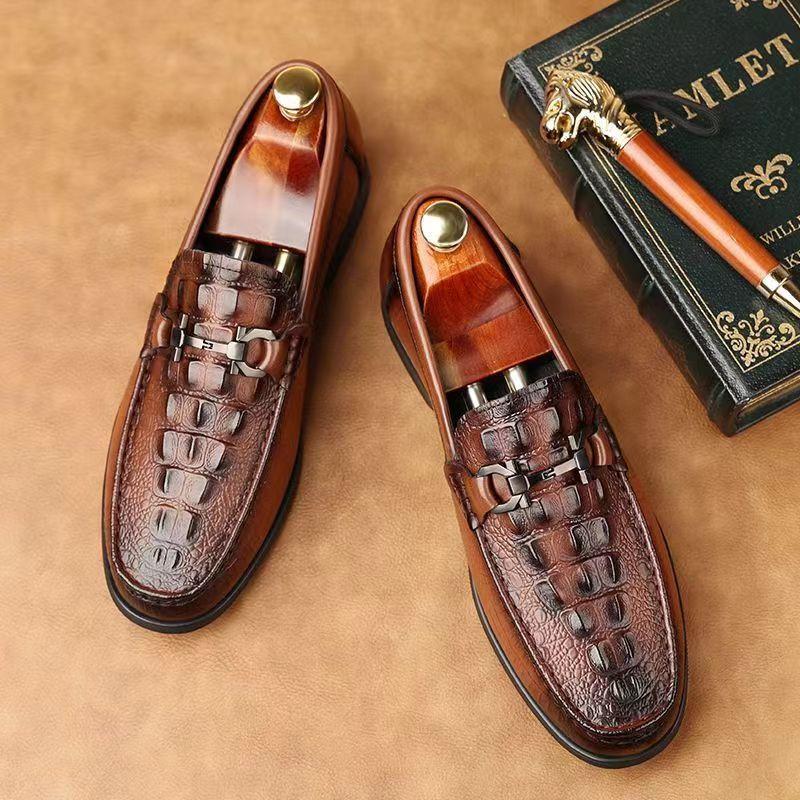 Men's Low Heel Crocodile Embossed Casual Leather Shoes