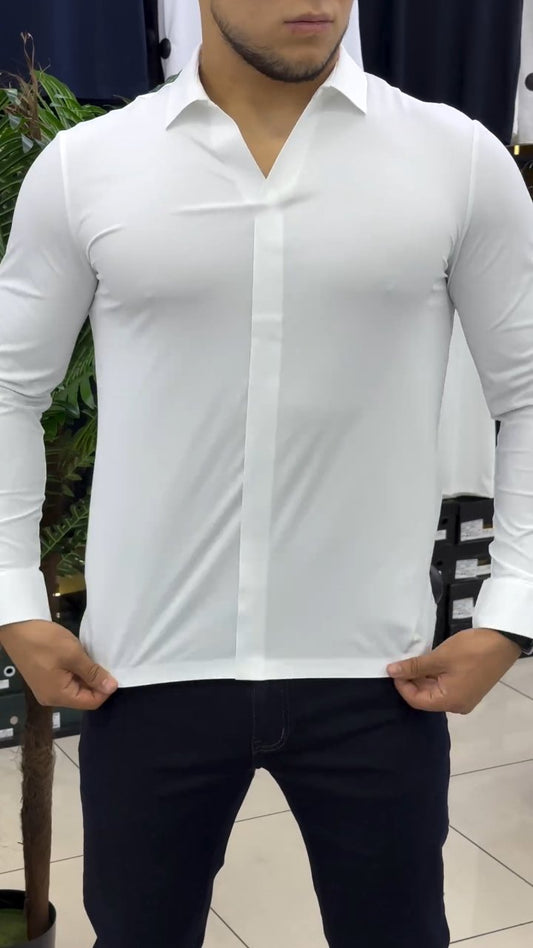 V-neck Long-sleeve Polo Shirt With High Elastic Feel