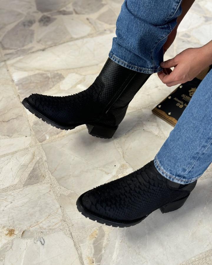 Italian Black Crocodile Print Mid Calf Boots