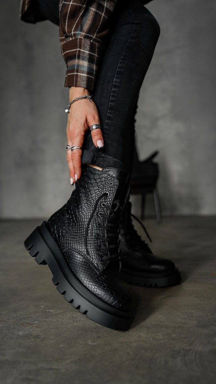 RAPTOR Panelled Ankle Boots - Black Croc