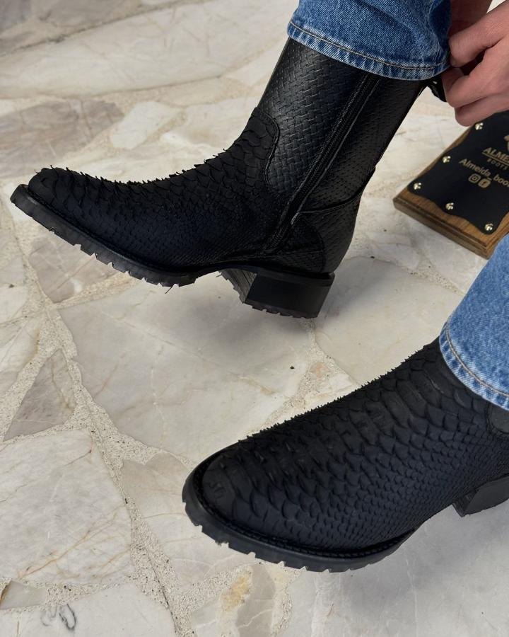 Italian Black Crocodile Print Mid Calf Boots