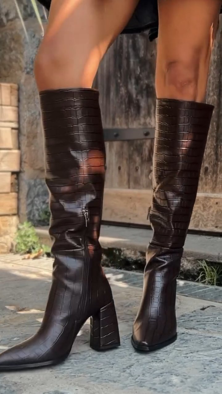 Chunky High Heel Pointed Toe Thigh High Boots